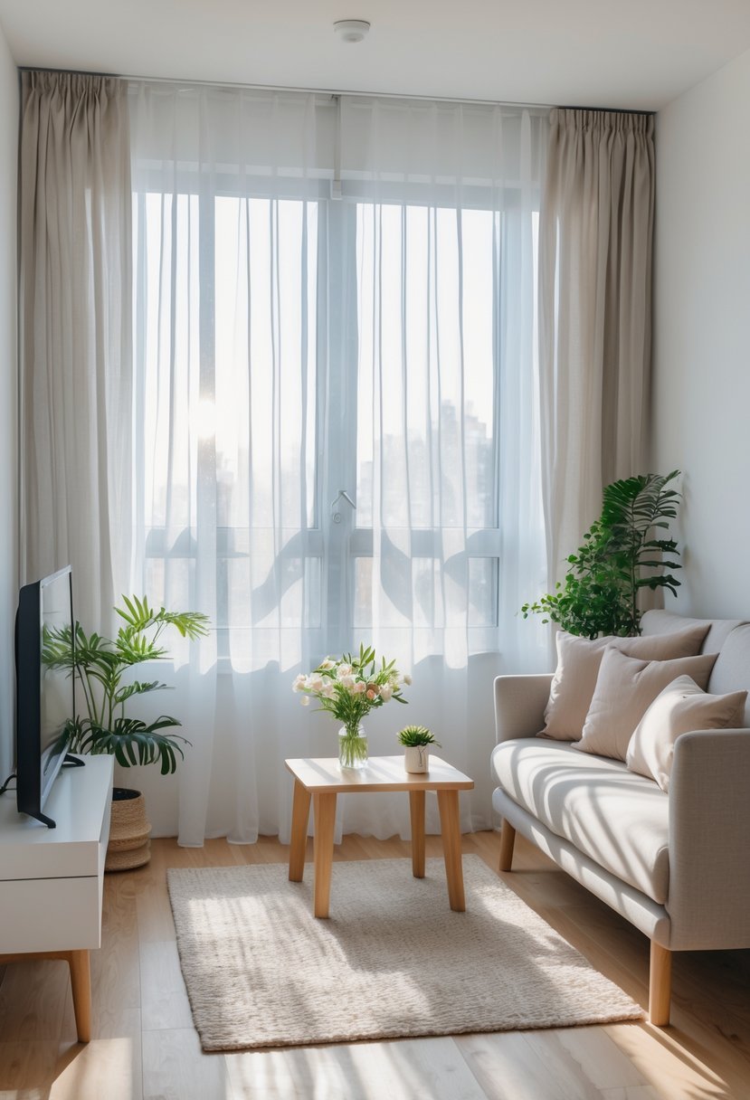 A small apartment living room with sheer curtains letting in natural light, a comfortable sofa, coffee table, and plants.