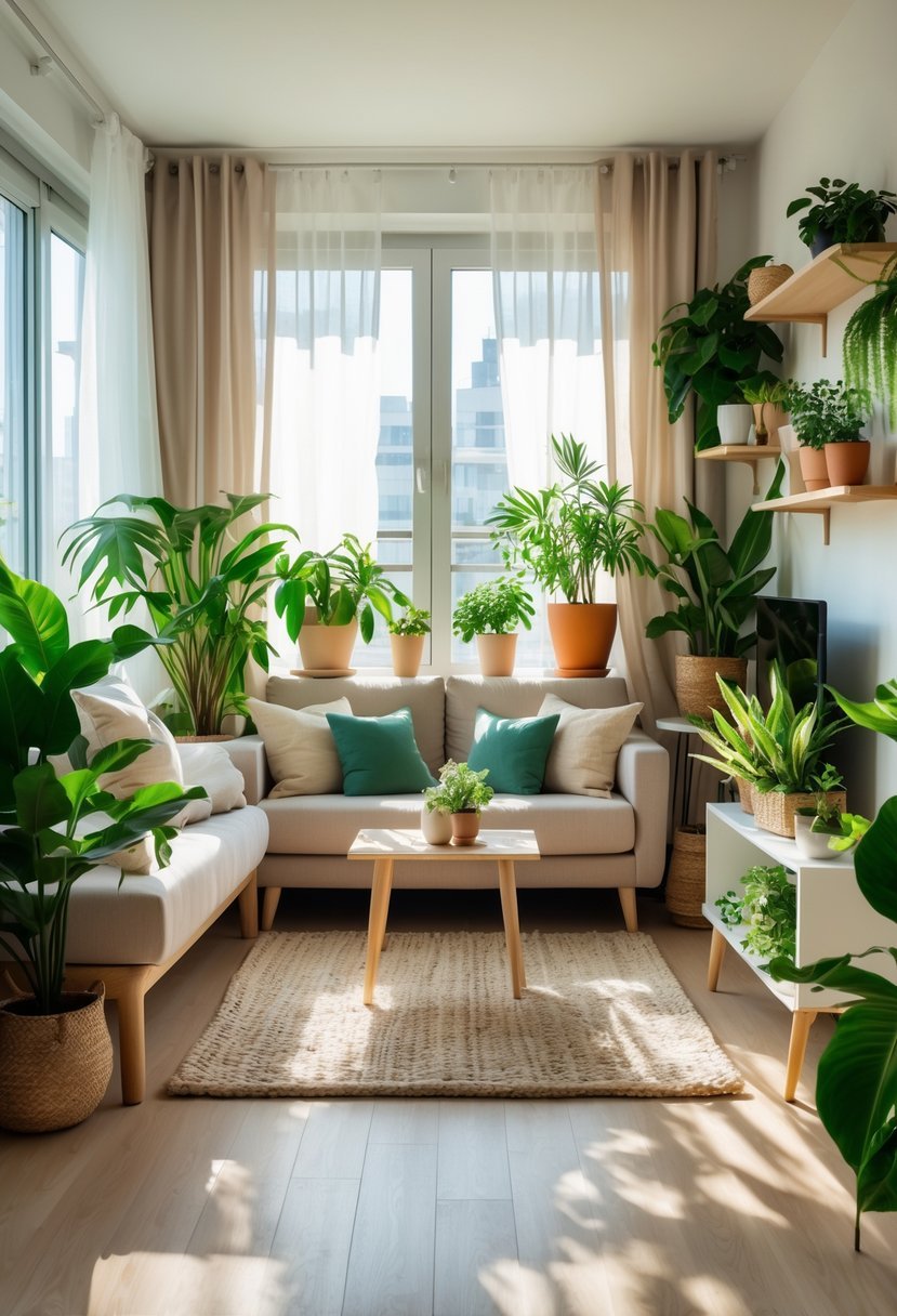 A small cozy living room with a sofa, coffee table, and several green plants by the windows creating a fresh and inviting atmosphere.