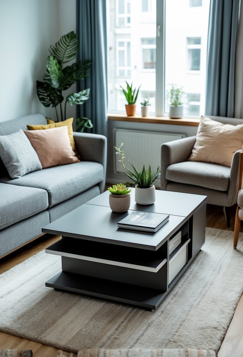 A small cozy living room with a multifunctional coffee table that has built-in storage, surrounded by a sofa and armchairs.