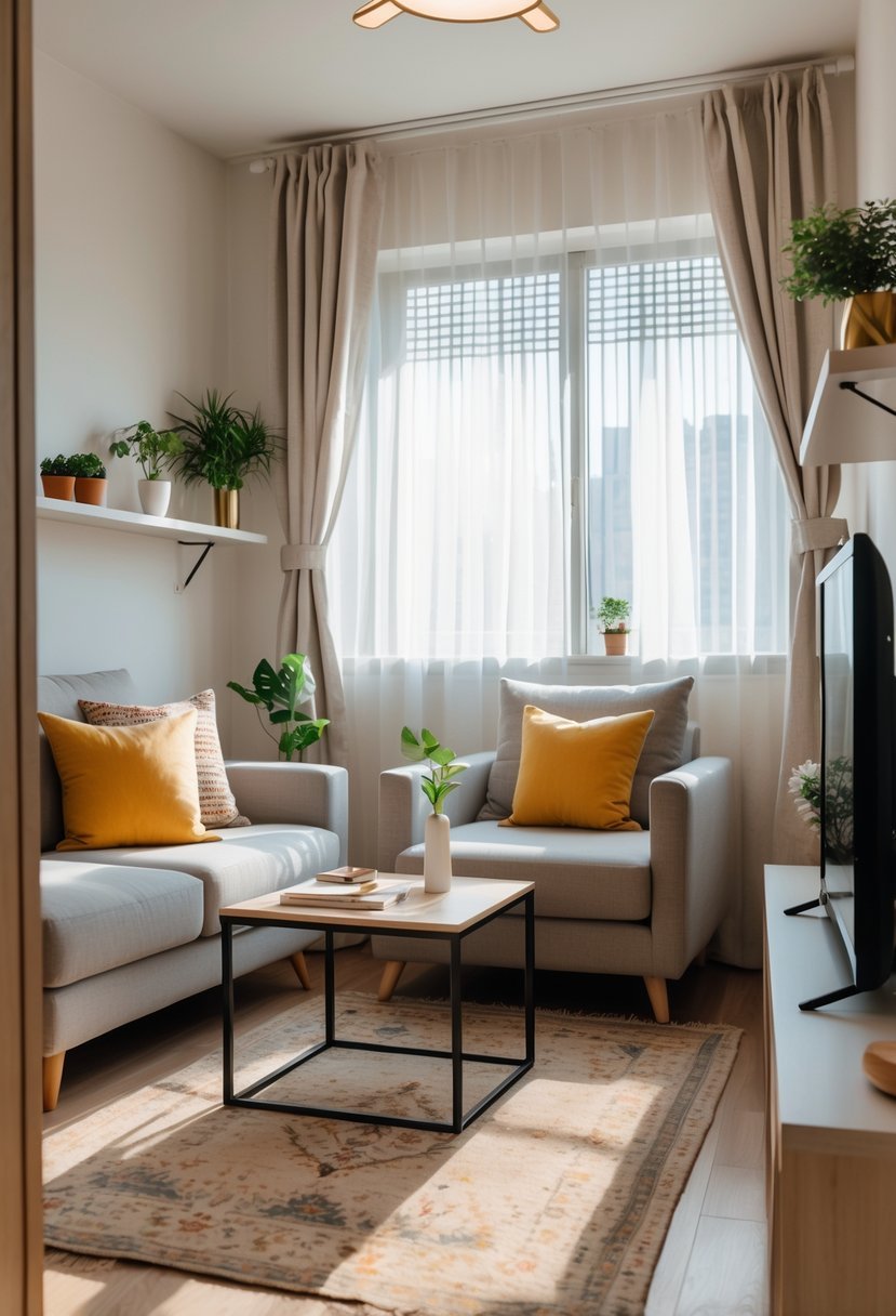 A small cozy living room with a sofa, coffee table, plants, and natural light coming through a window.
