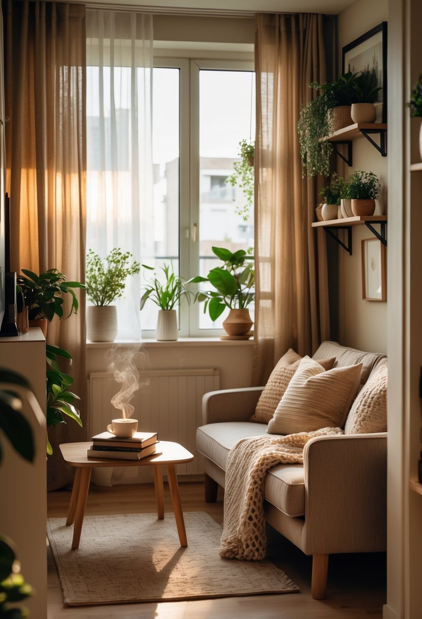 A small living room with a sofa, coffee table, indoor plants, and soft natural light creating a cozy atmosphere.