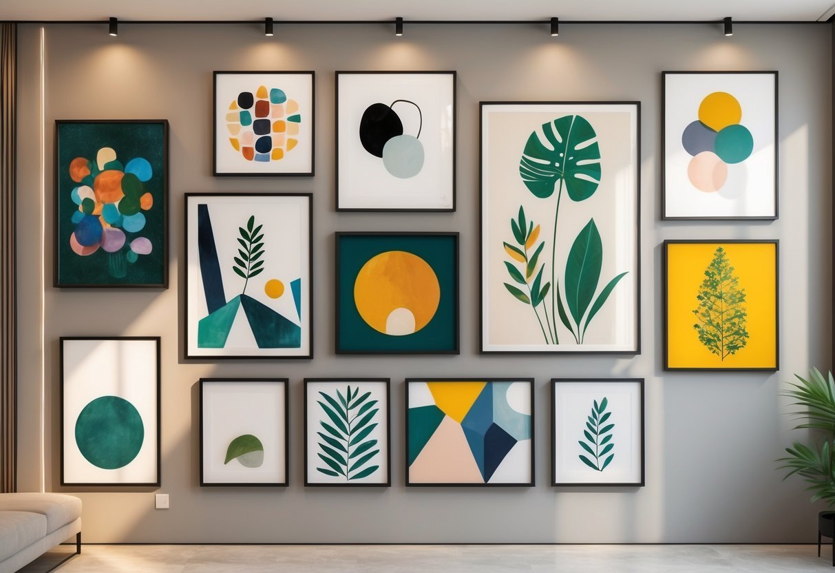 A wall with 10 different pieces of framed wall art arranged neatly in a modern interior space.