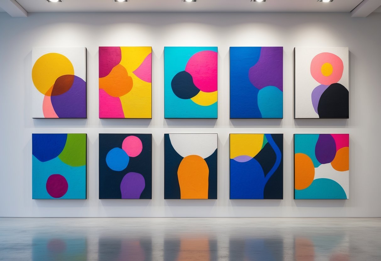 A gallery wall displaying ten colorful abstract canvas paintings arranged in a grid.
