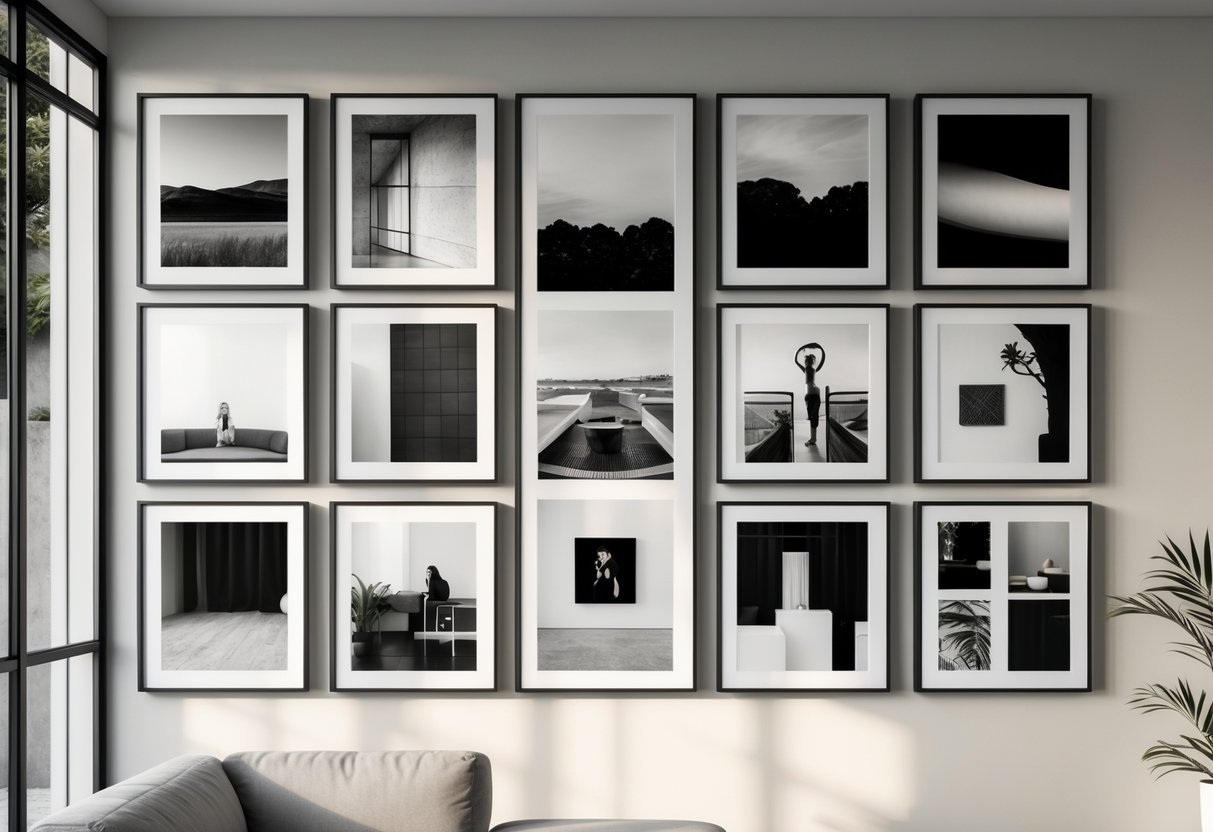 A wall displaying ten framed black and white photographs arranged in a neat grid inside a modern room.
