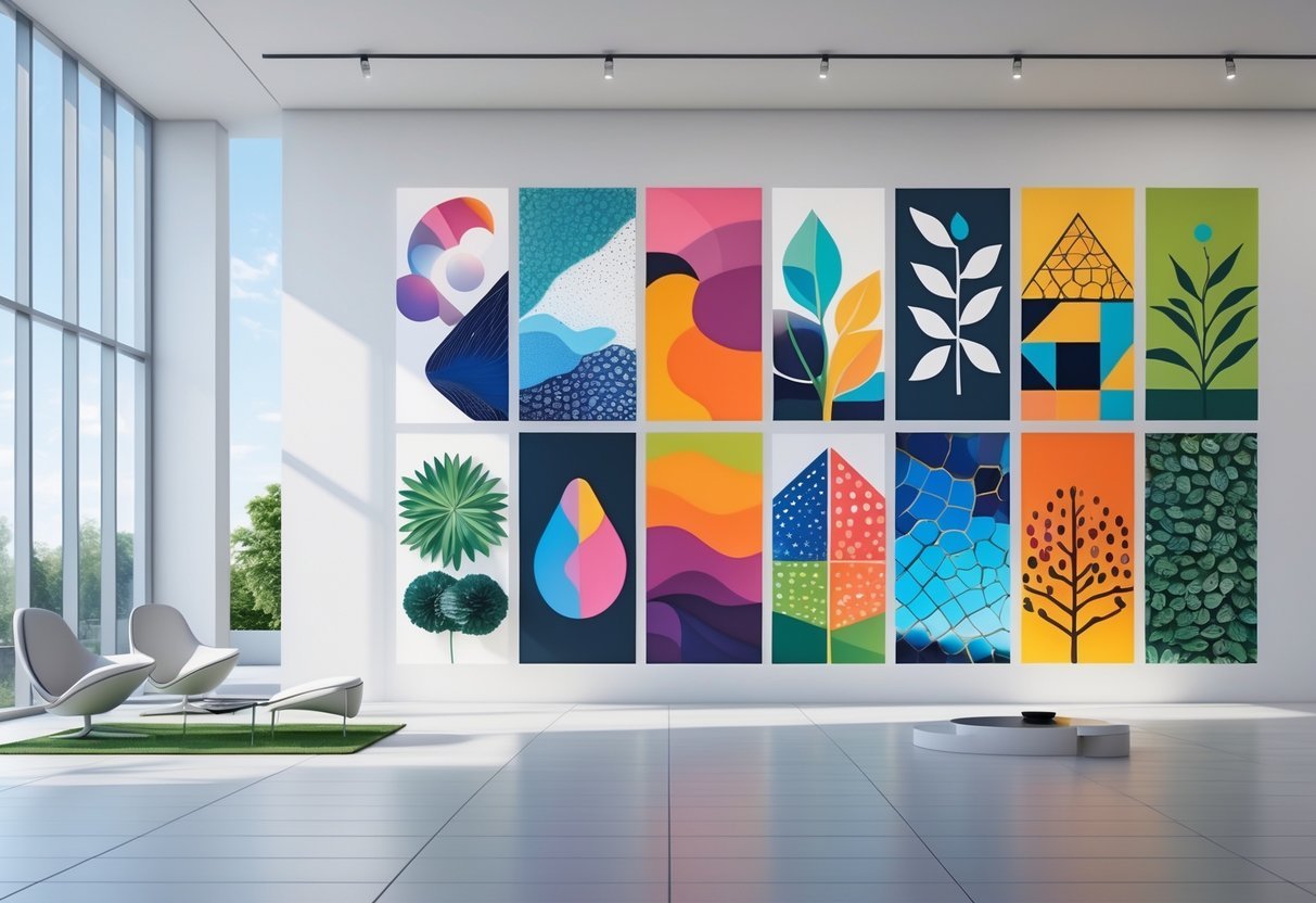 A spacious room with a large wall displaying ten colorful murals arranged in a grid.