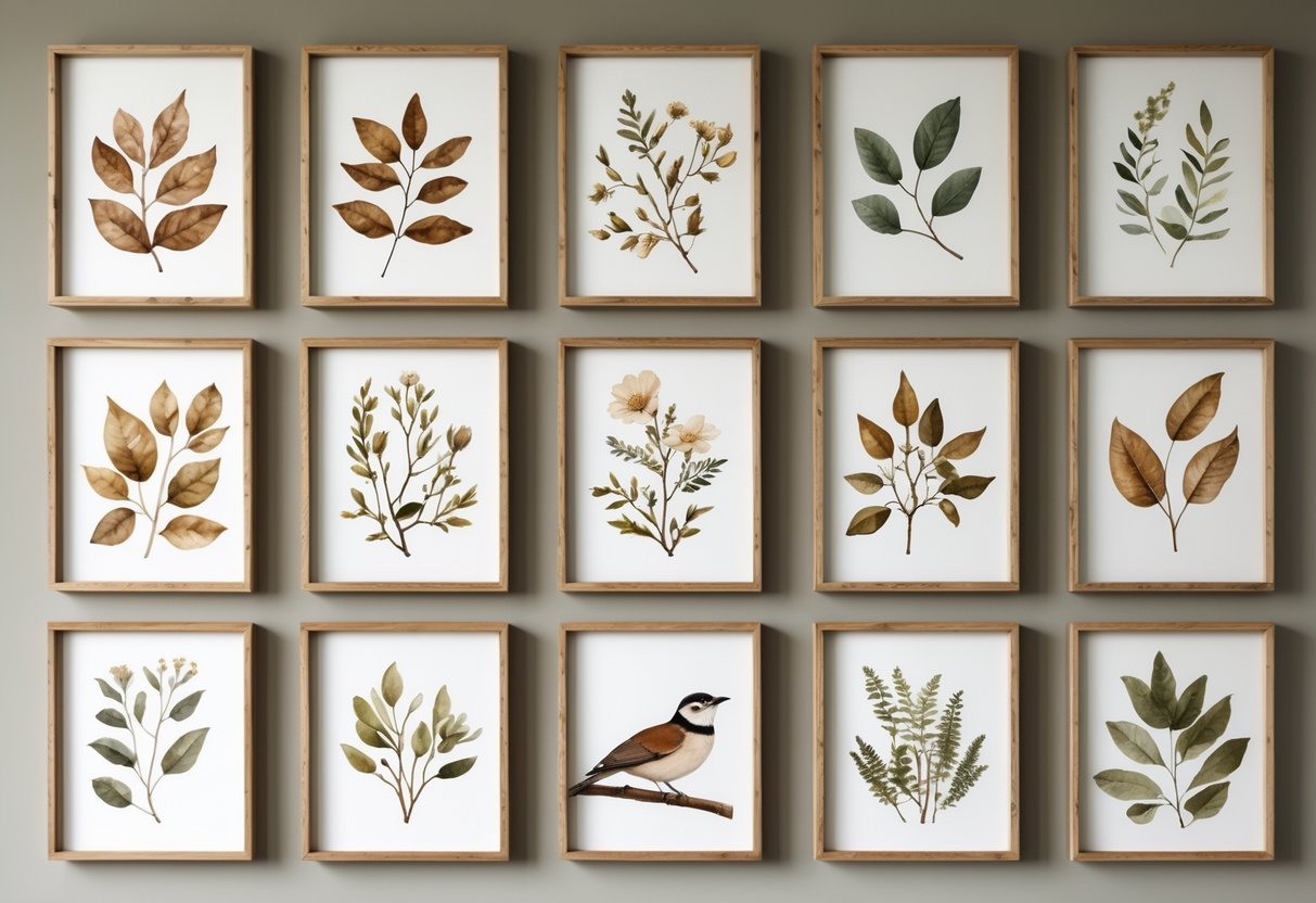 A set of 10 framed nature-themed wall art prints arranged on a wall, featuring leaves, flowers, birds, and woodland animals.