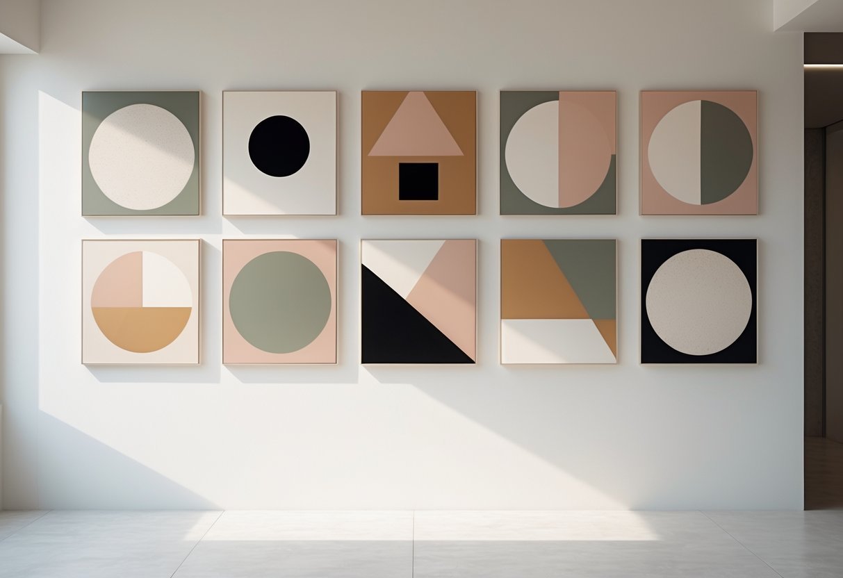 A set of ten geometric art panels arranged on a white wall in a modern interior space.