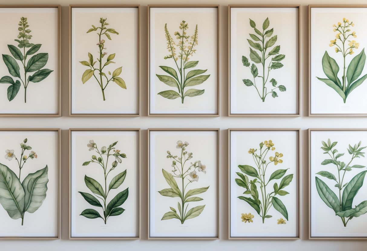 A wall displaying ten framed botanical illustrations of various plants and flowers arranged in a grid.