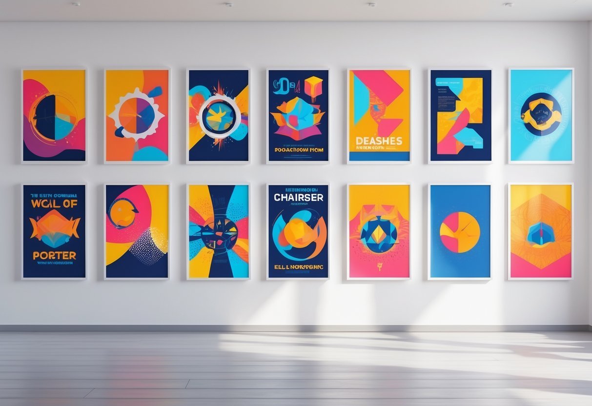 A collection of ten colorful posters displayed on a white wall in a modern room.
