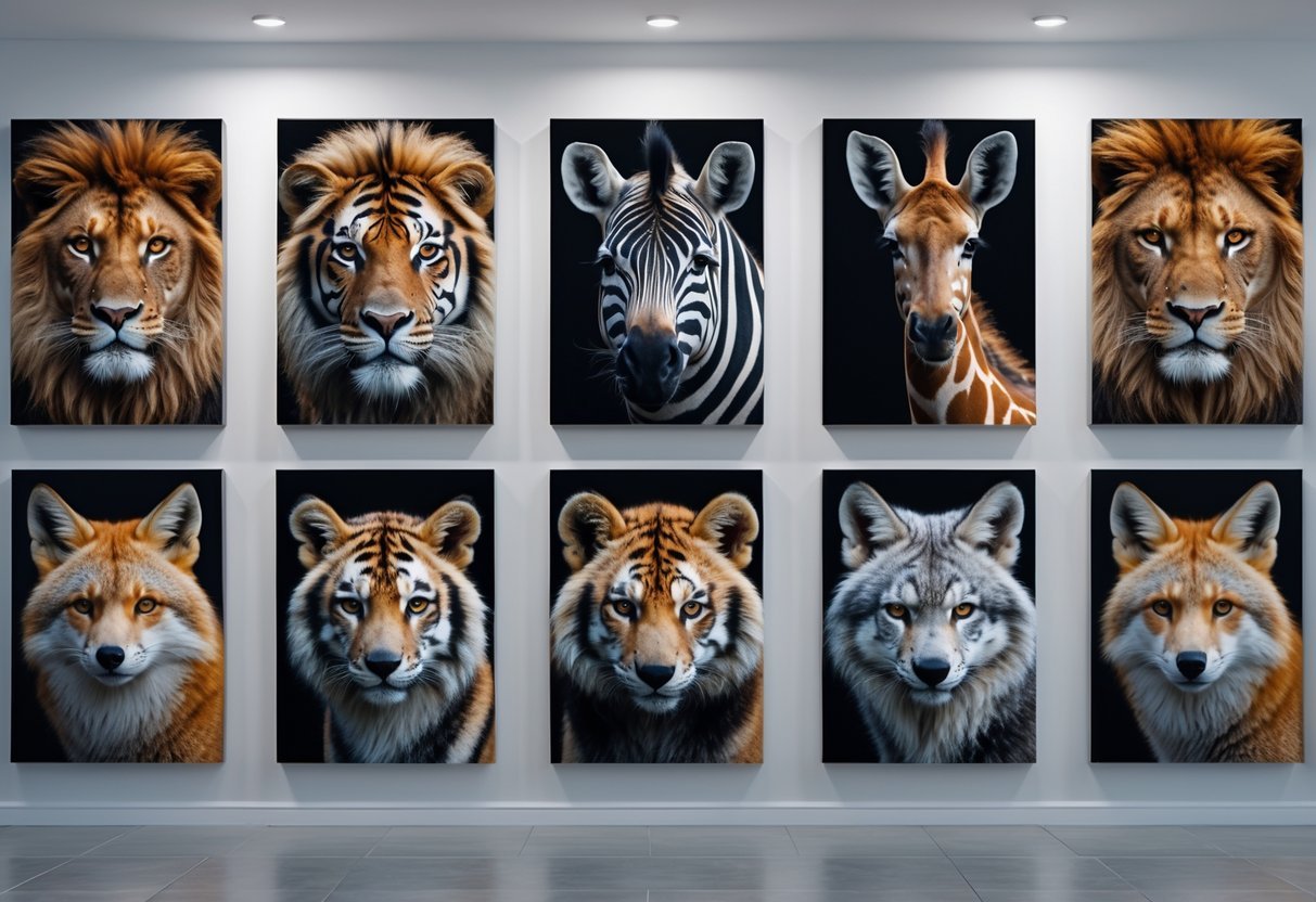 Ten animal portraits on canvas displayed on a white wall, featuring various animals including a lion, elephant, tiger, and others.