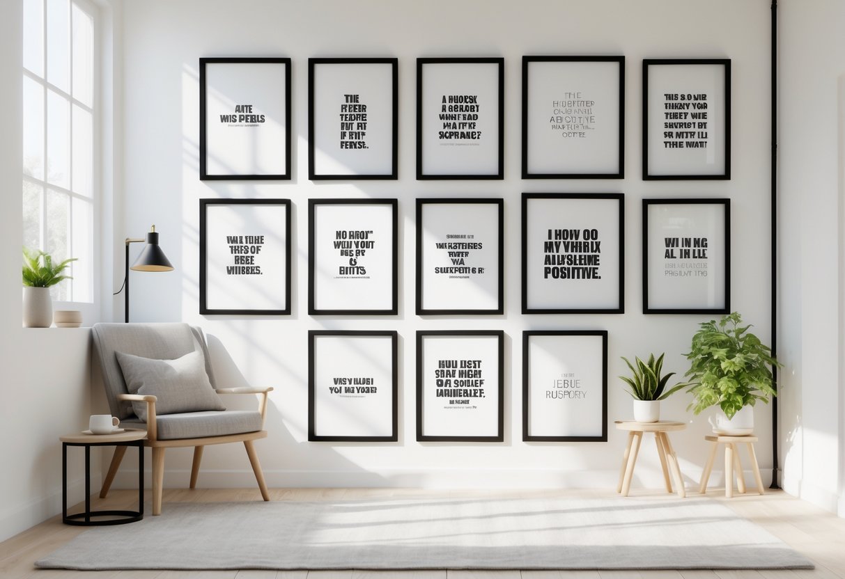 A bright room with ten framed prints arranged on a white wall above a cozy reading nook with a chair, side table, and potted plant.