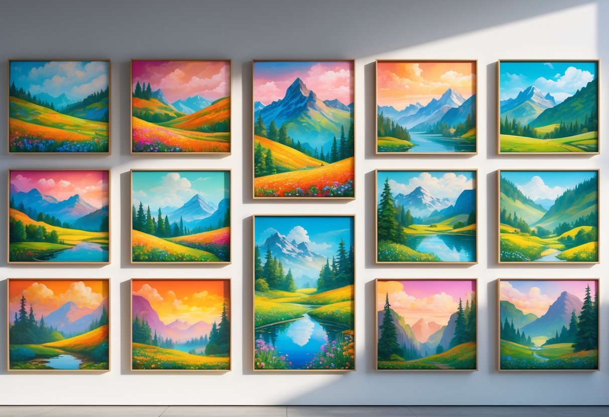 A gallery wall displaying ten colorful landscape paintings featuring hills, lakes, mountains, meadows, and skies.