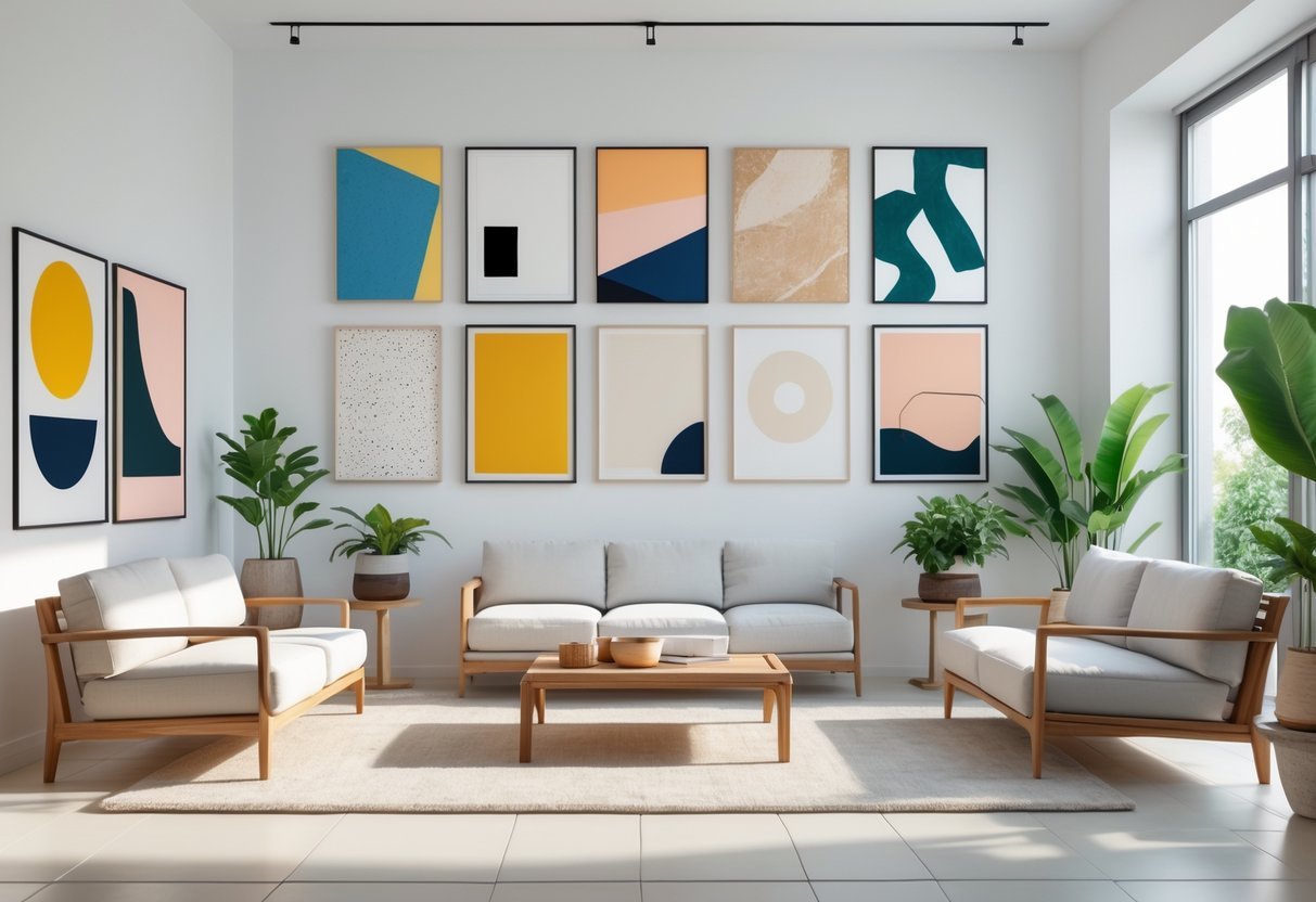 A modern living room with ten different pieces of wall art displayed on a large white wall above a sofa and coffee table.