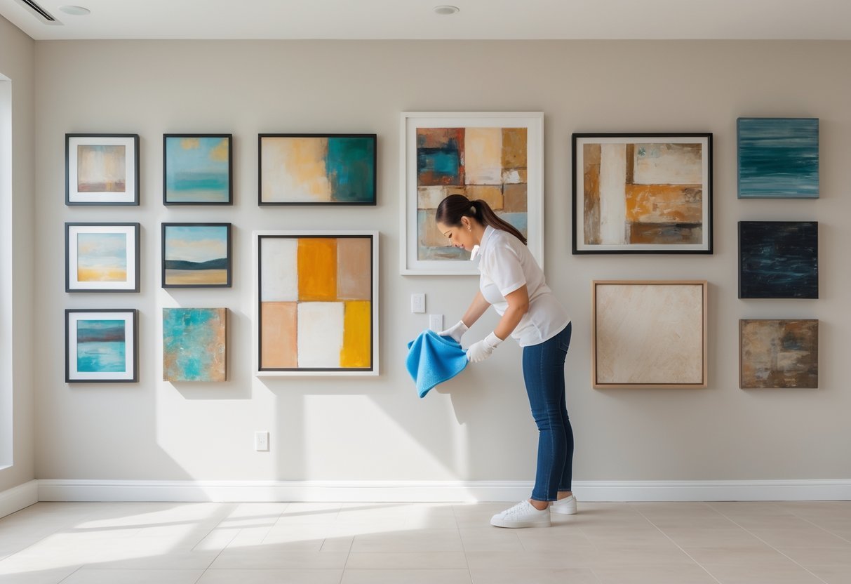 A person carefully cleaning and preserving ten pieces of wall art displayed on a wall in a well-lit room.