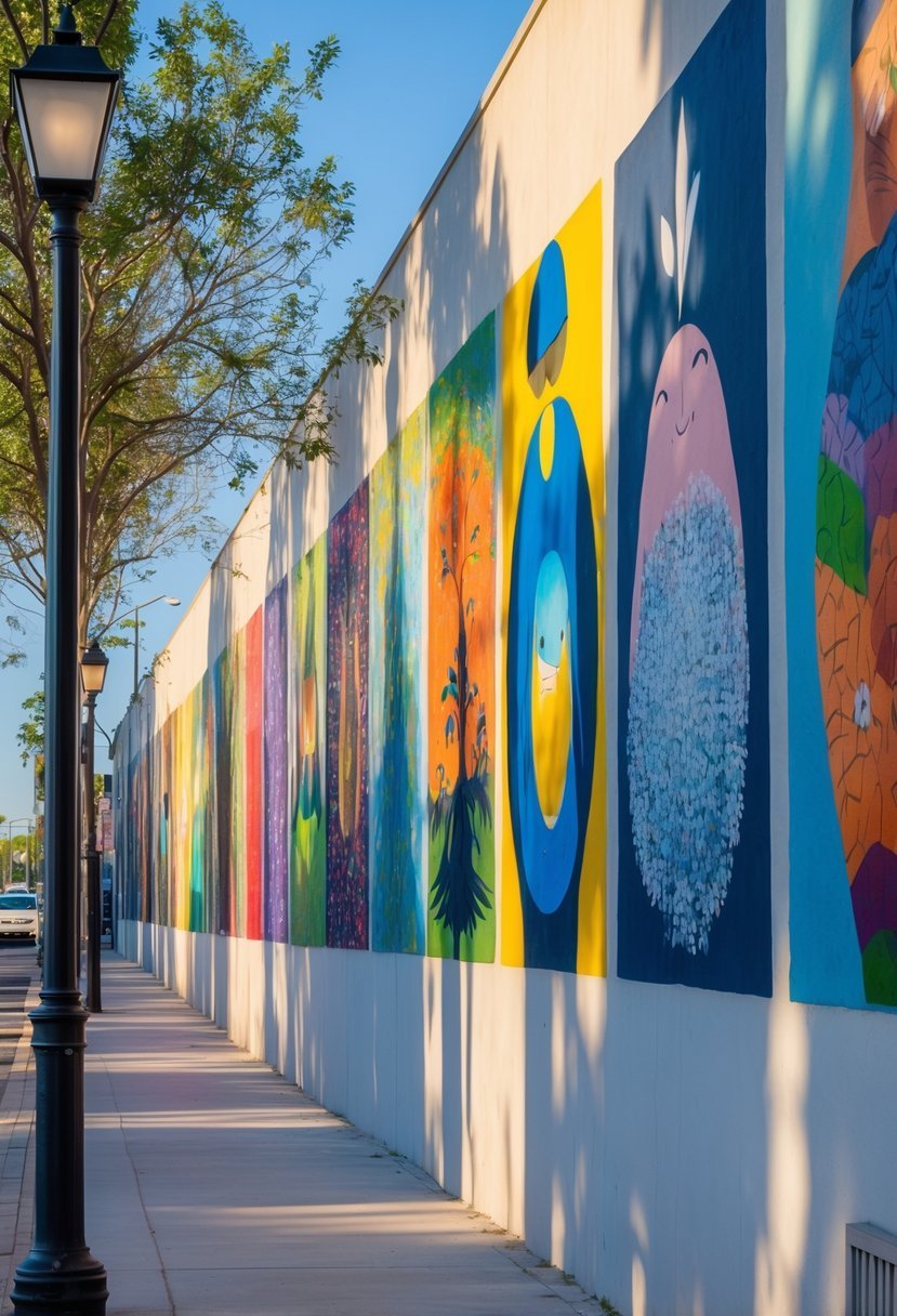 A long outdoor wall featuring 10 colorful murals in an urban street setting during daytime.