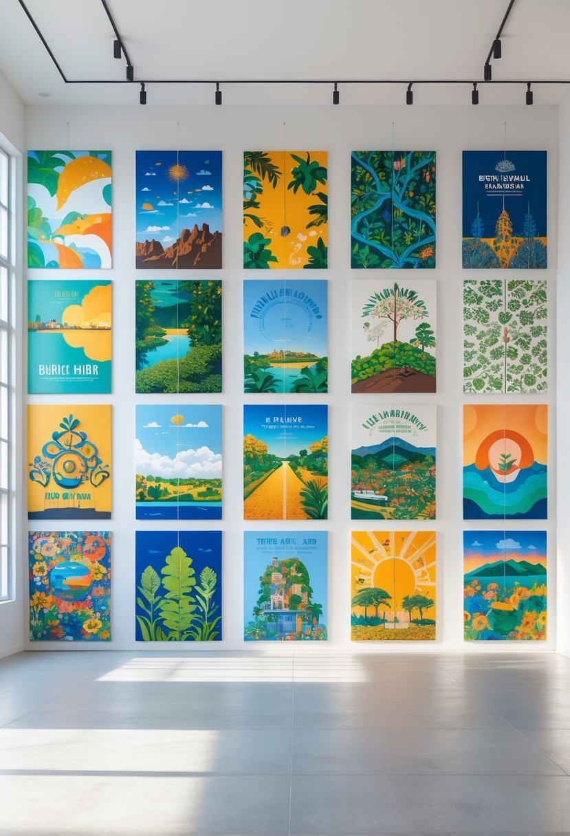 A bright interior wall displaying ten colorful murals with various themes in a modern gallery space.