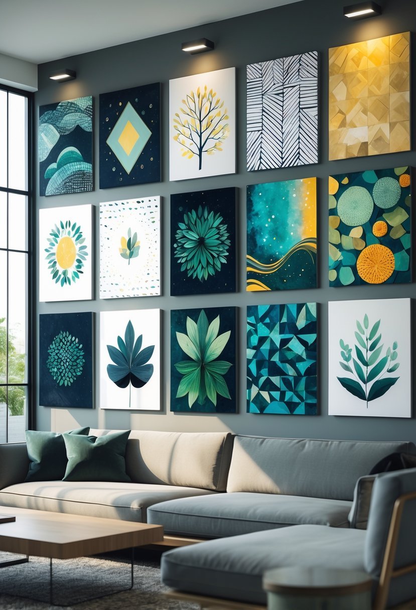 A modern living room with a wall displaying ten different mural artworks in various designs and colors.