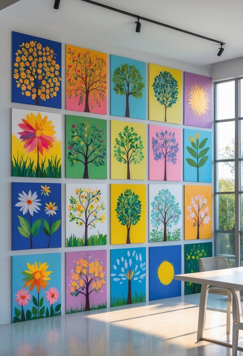 Interior wall covered with ten colorful hand-painted murals in a bright room with modern furniture.