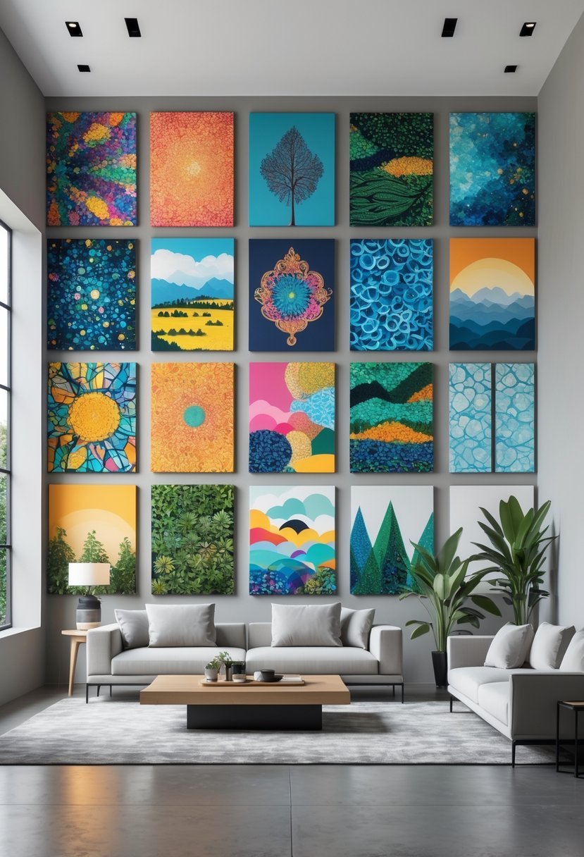A spacious living room with ten large colorful mural artworks displayed on a single wall above a modern sofa.