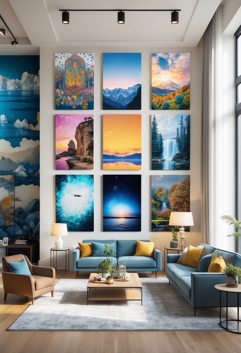 A modern living room with ten mural wall art pieces displayed on the walls, featuring contemporary furniture and large windows letting in natural light.