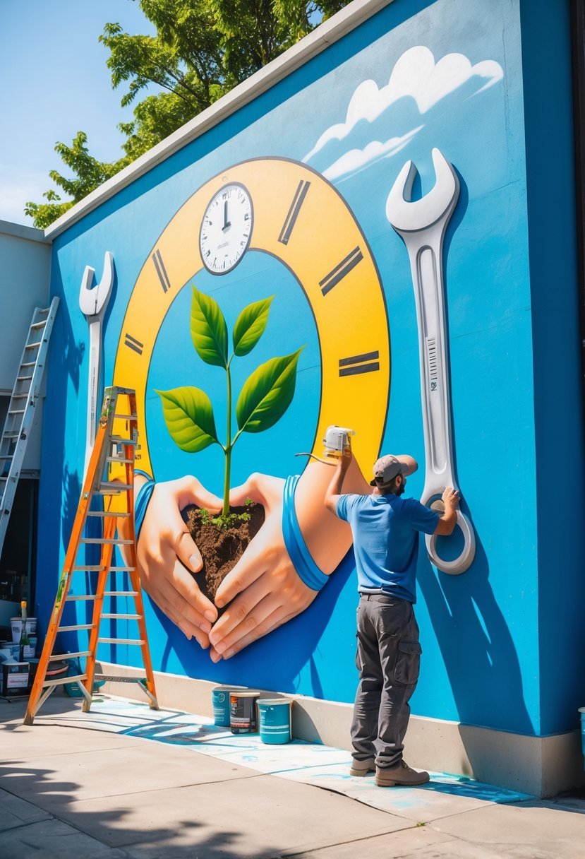 A person touching up a colorful mural on an outdoor wall that depicts hands nurturing a plant, tools, and symbols of time.