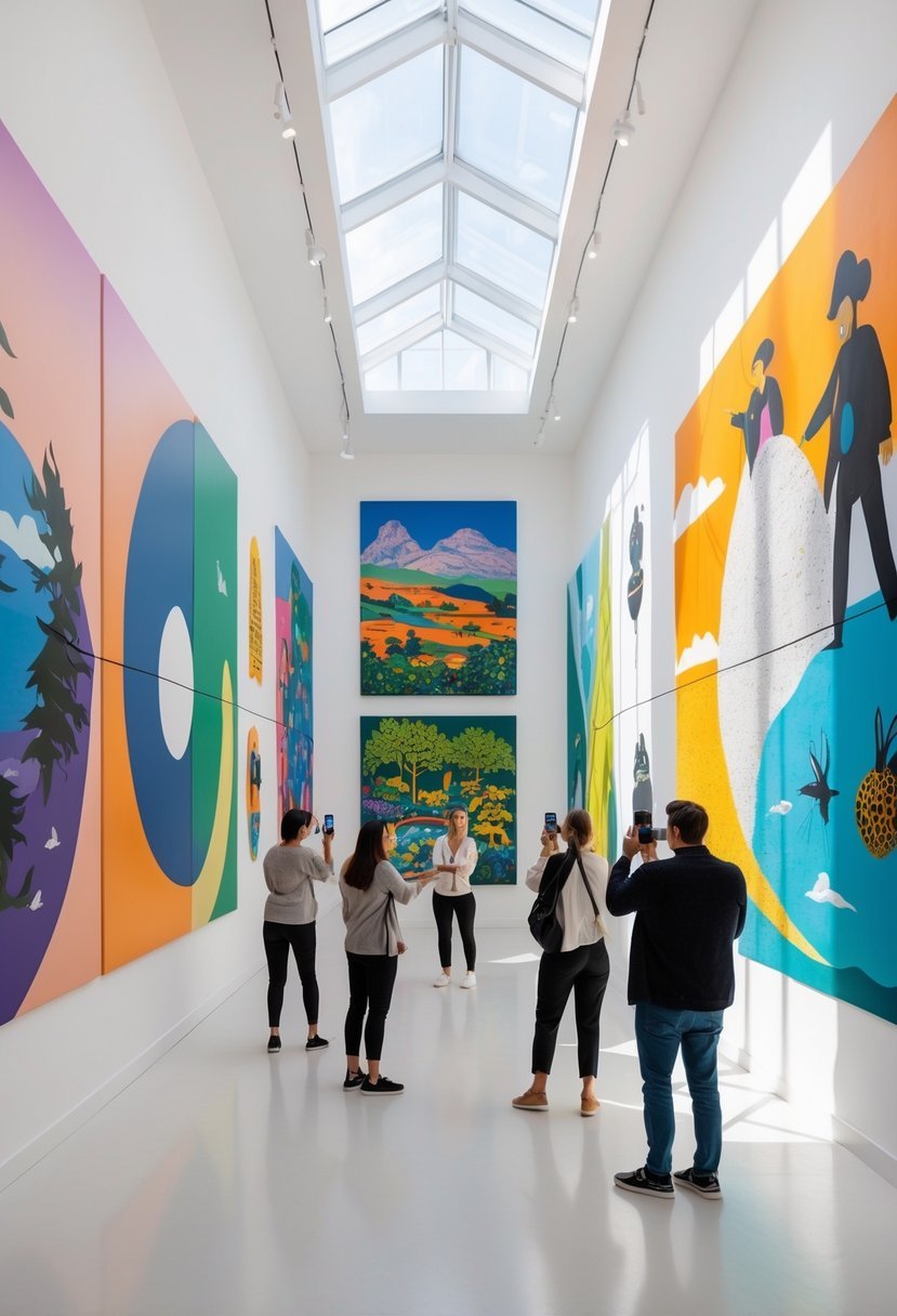 People viewing large colorful mural wall art displayed on white walls inside a bright art gallery.