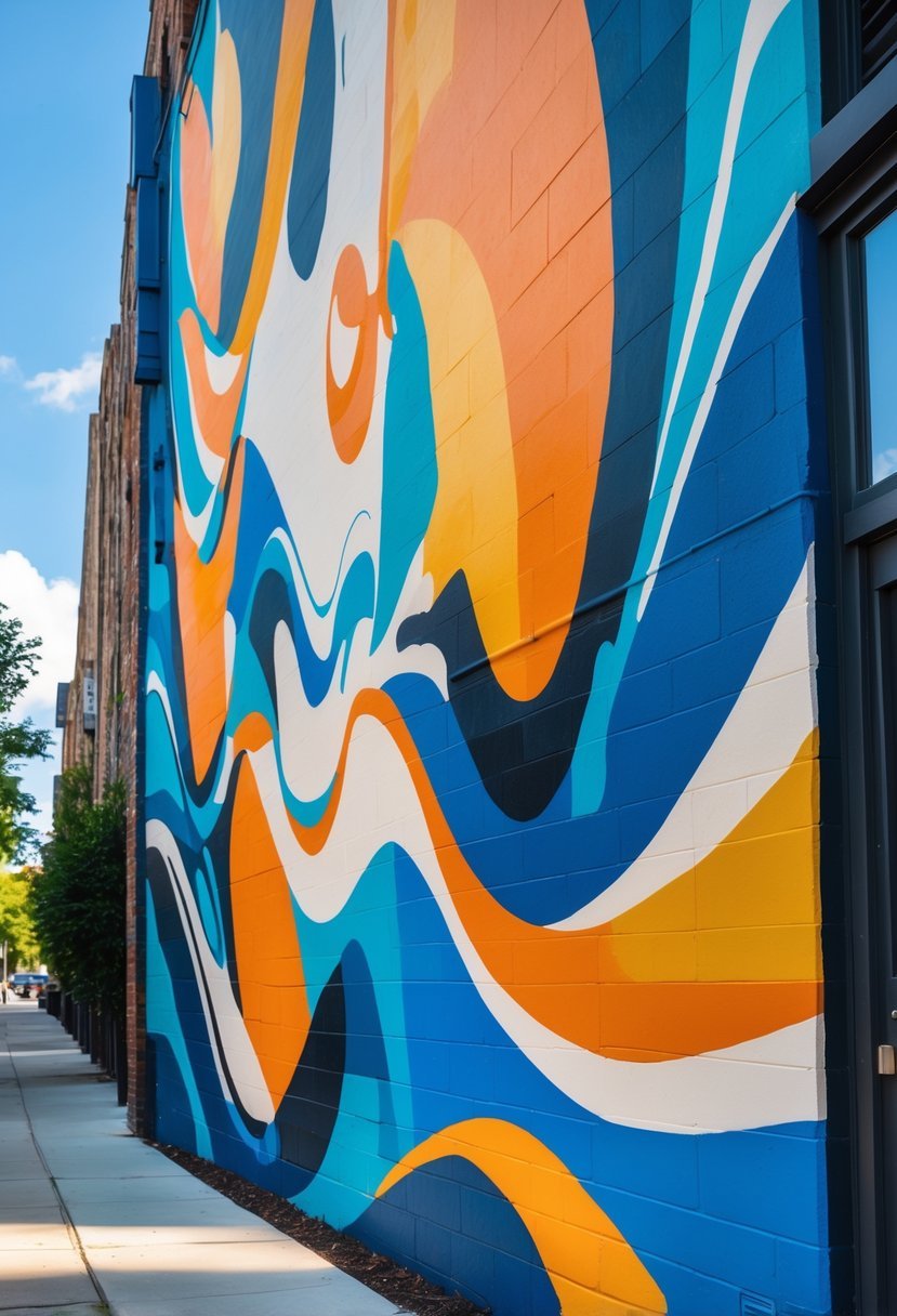 A large colorful mural painted on an exterior urban wall with abstract geometric shapes and flowing lines.