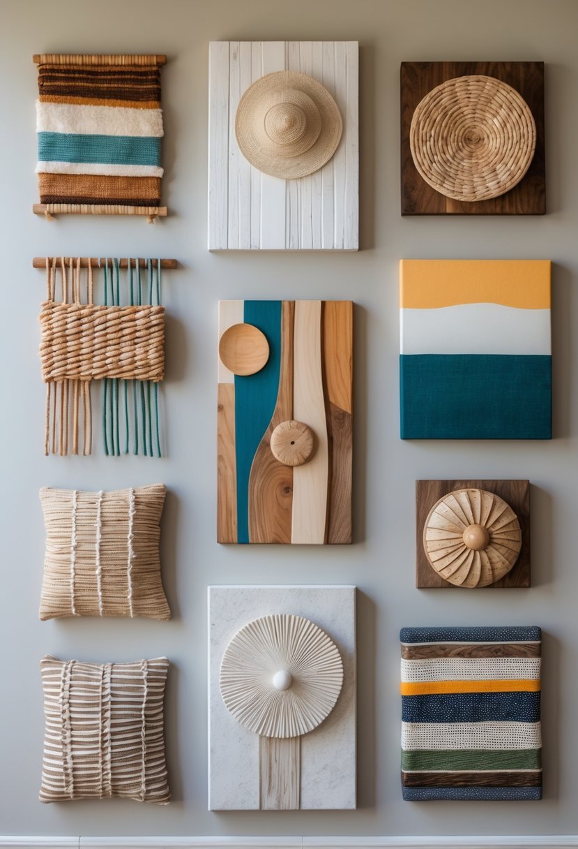A wall displaying twelve different handmade art pieces arranged in an attractive gallery style.