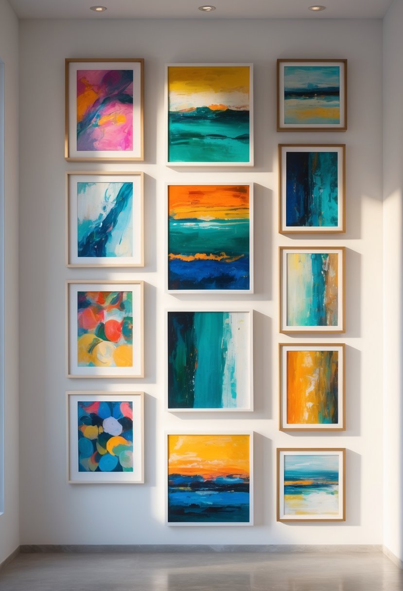 A display of twelve colorful handmade paintings arranged on a white wall in a well-lit room.