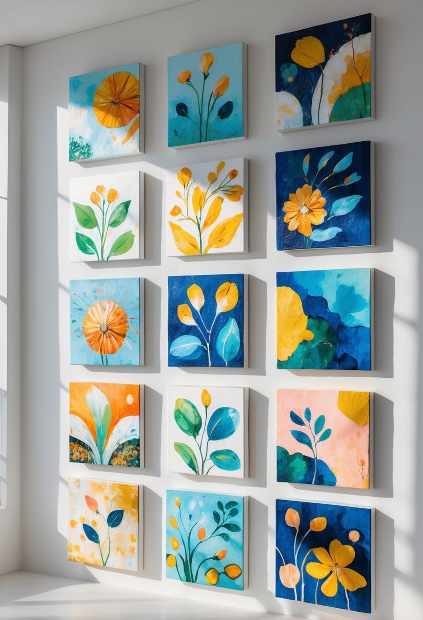 A collection of twelve colorful handmade paintings displayed on a white wall in a bright room.