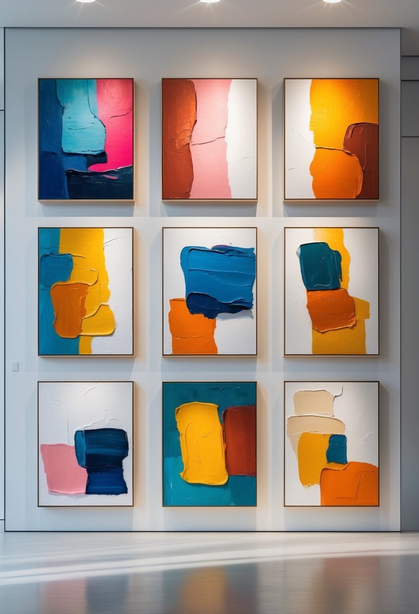 A gallery wall displaying twelve colorful abstract oil paintings arranged in a neat grid.