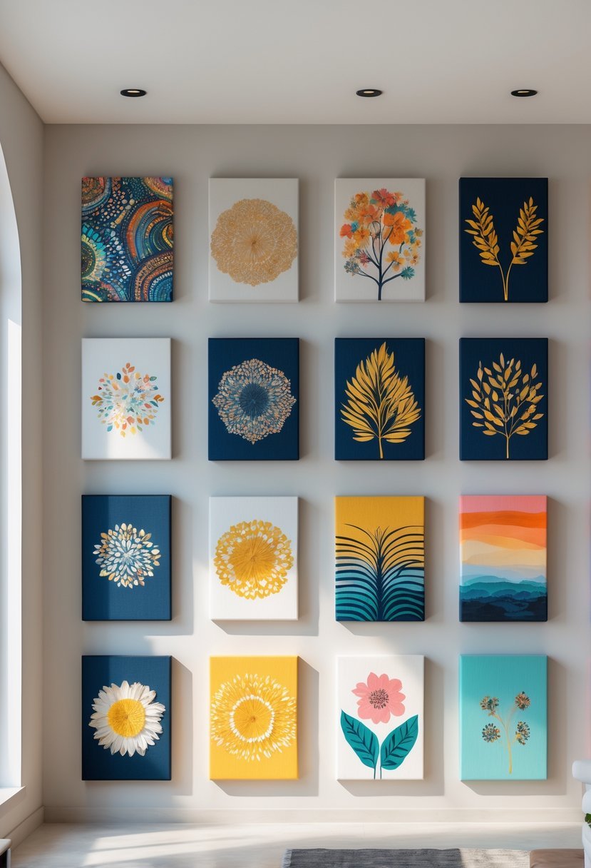A collection of twelve handmade canvas wall art pieces displayed on a neutral wall in a well-lit room.