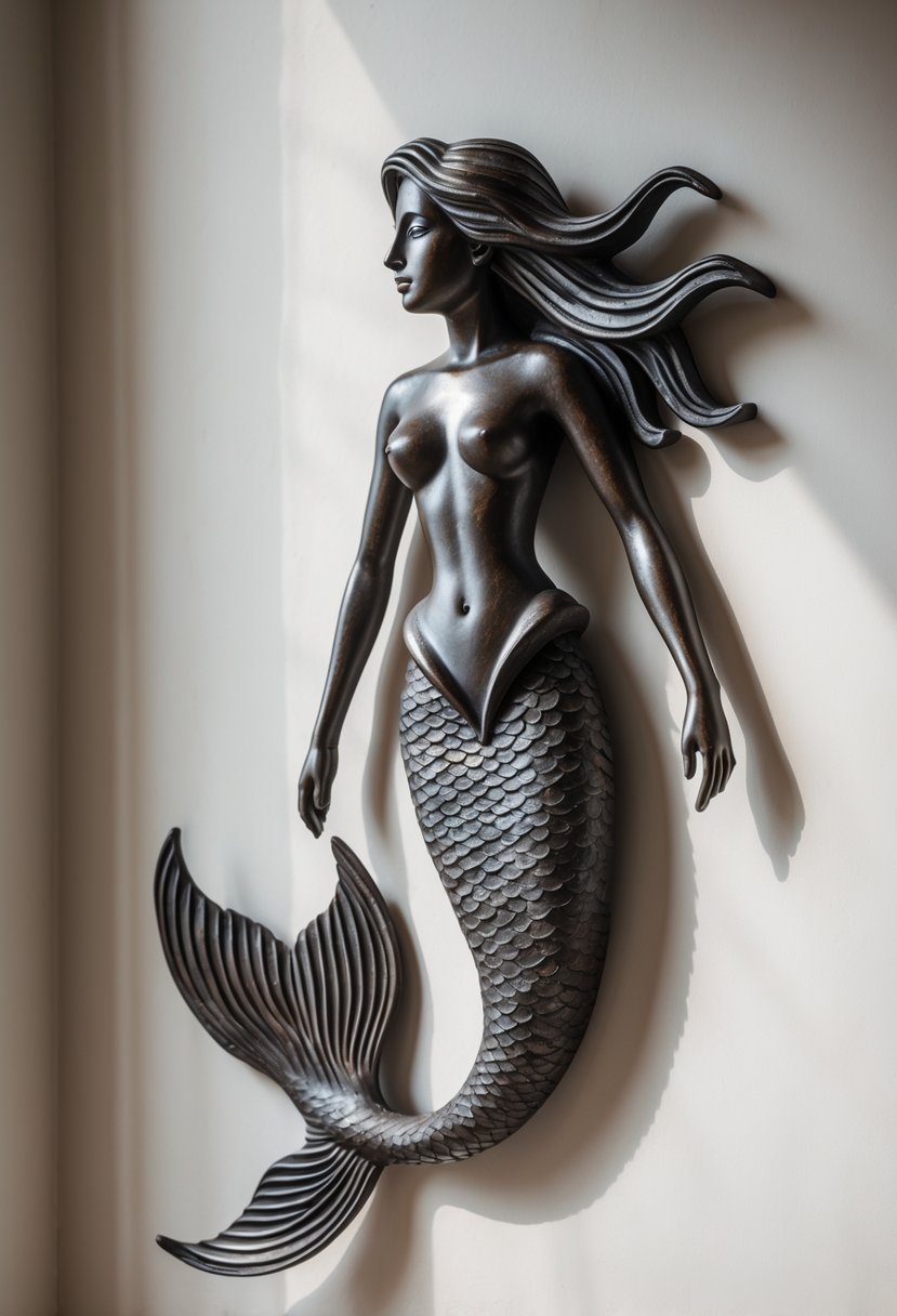 A handcrafted iron wall sculpture of a mermaid mounted on a plain background.