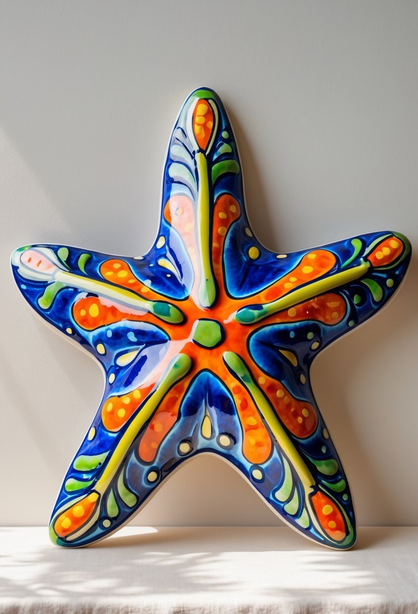 A colorful ceramic starfish sculpture with intricate patterns displayed on a plain background.