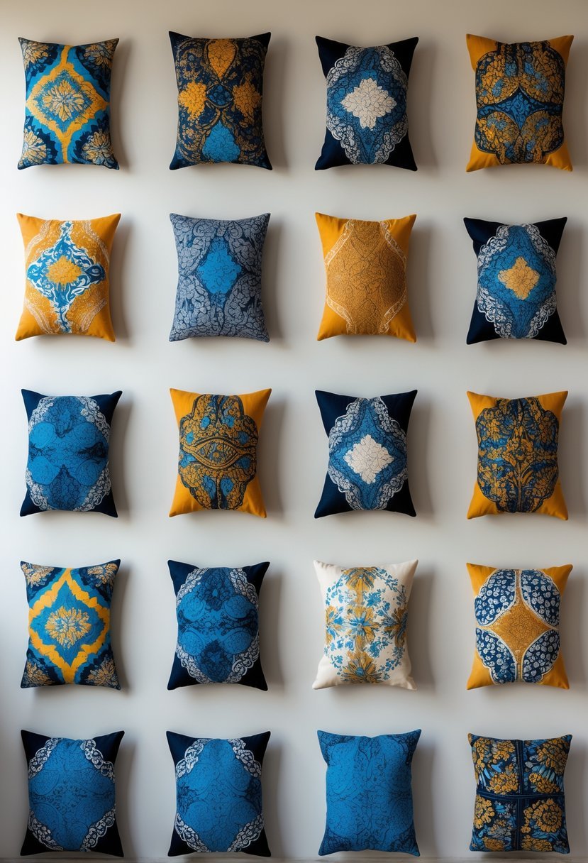 Twelve handmade batik cotton wall art pieces displayed on a neutral wall.