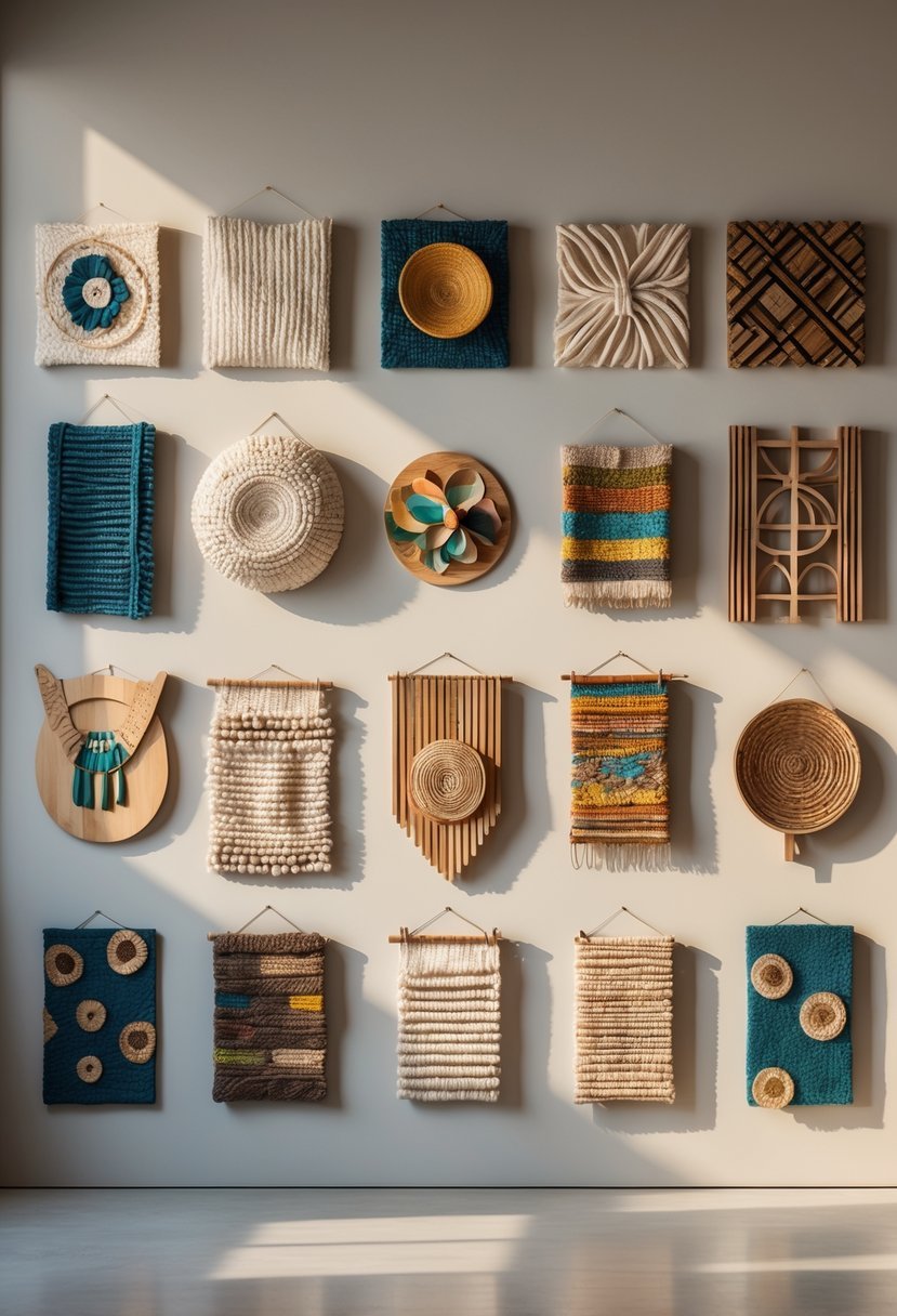 A wall displaying twelve different handmade artworks arranged neatly, showing various textures and designs.