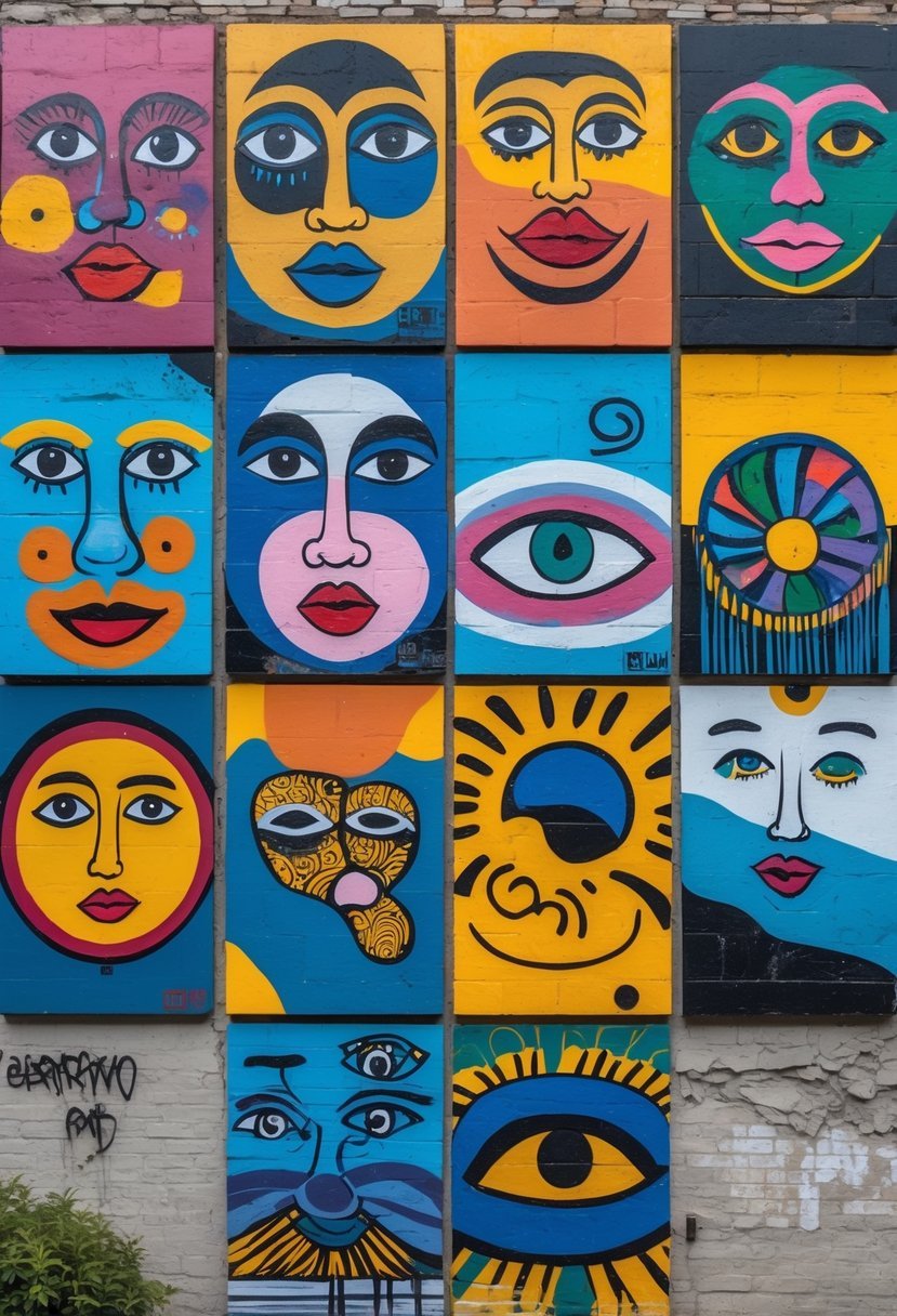 A colorful urban wall displaying twelve unique hand-painted artworks with various designs and patterns.