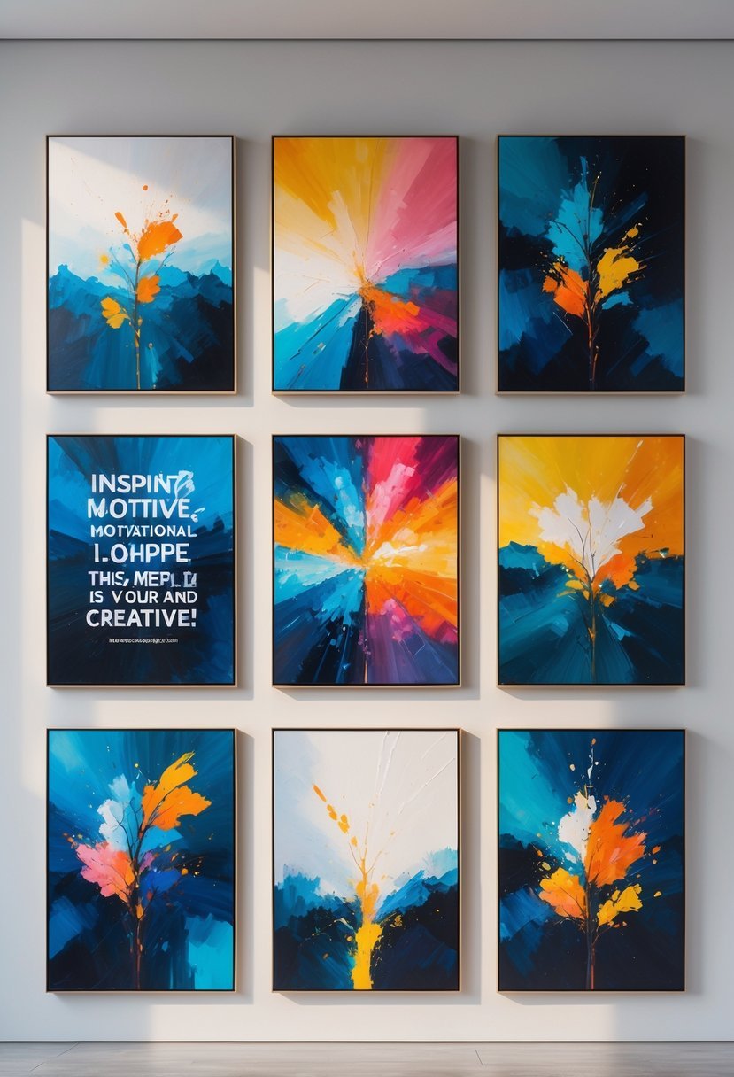A gallery wall displaying twelve colorful motivational oil paintings arranged in a neat grid.