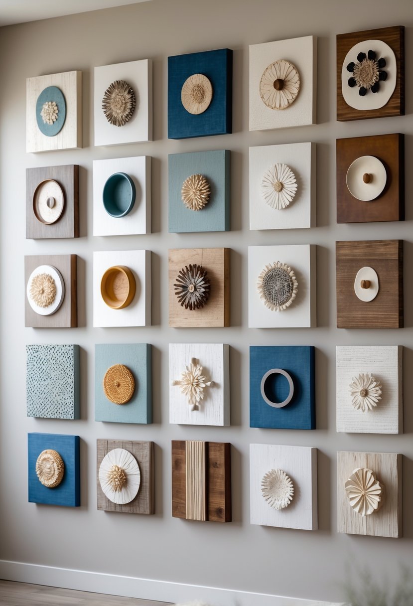 A gallery wall displaying twelve unique handmade wall art pieces arranged in a neat grid.