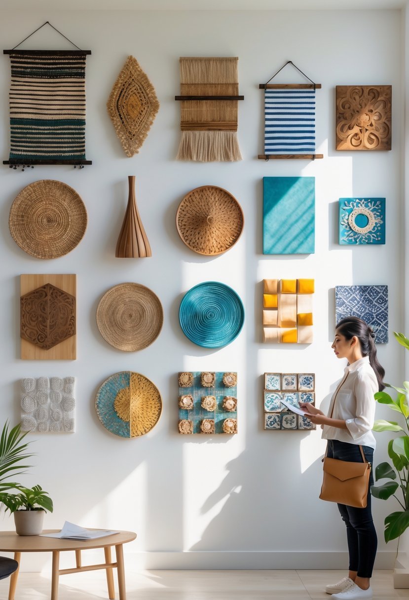 A person examining twelve different handmade wall art pieces displayed on a white wall in a bright room.