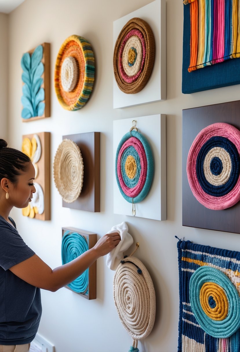 A person gently cleaning a collection of twelve handmade wall art pieces displayed on a wall.