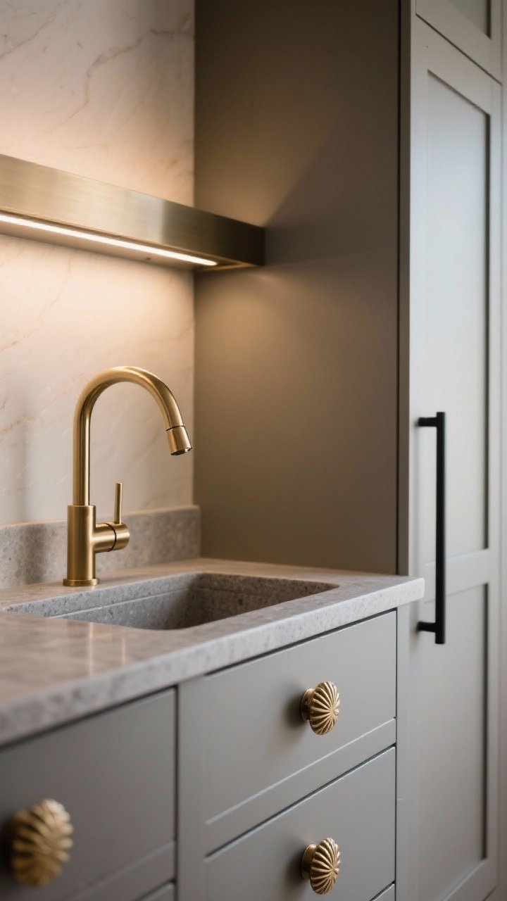 Closeup: Hardware and fixtures refresh. A satin brass angular faucet with a minimal sprayer over a matte stone sink, knurled satin brass knobs on slab drawers, and slim black pulls on a tall pantry cabinet. Coordinated brushed finishes on nearby lighting canopy. Warm, indirect light shows the fingerprint-hiding texture.