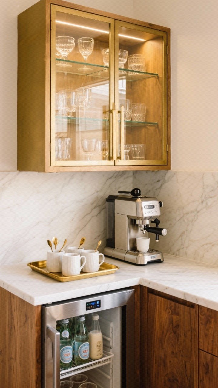 Corner medium shot: Curated beverage station. A compact zone with a sleek espresso machine, mugs and spoons corralled on a brass-edged tray, glass-front cabinet above showcasing pretty glassware with in-cabinet lighting, and an under-counter fridge for seltzers and oat milk. Palette matches the kitchen—soft brass, warm wood, and white stone.