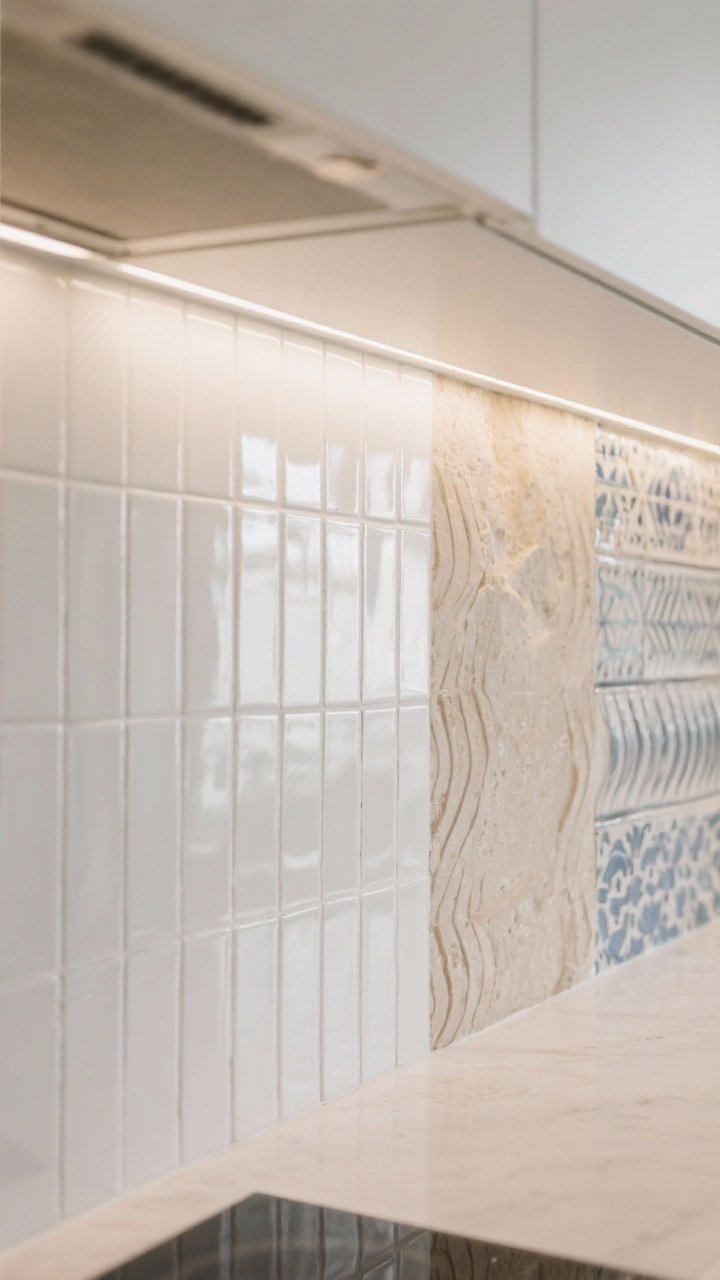 Detail shot: Backsplash-as-art closeup. Vertically stacked slim white tiles with glossy variation for height beside a seamless slab splash of creamy stone continuing up the wall. A section of zellige-style handmade tile shows subtle waviness and texture. Under-cabinet light grazes the surface, highlighting refined texture without visual noise.