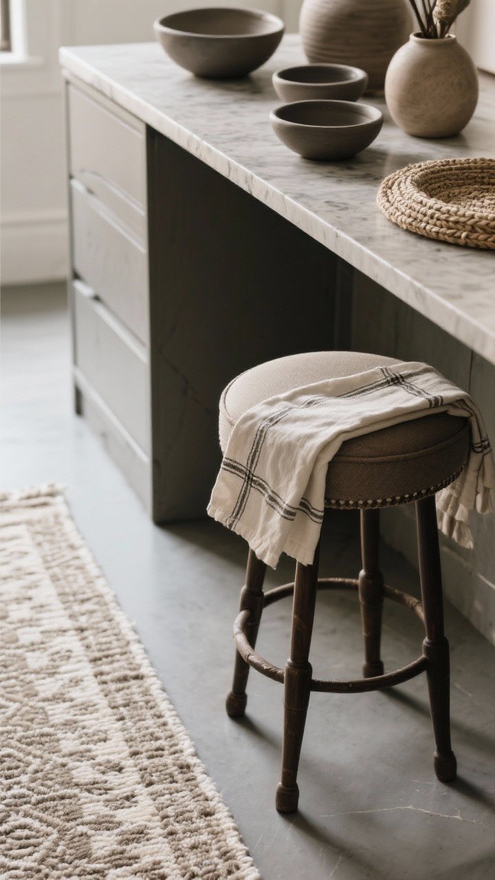 Detail shot: Texture over trinkets. Closeup of a vintage-style low-pile runner with tonal pattern on a sleek floor, linen tea towels draped over an upholstered bar stool seat, and hand-thrown matte ceramic bowls on the counter. Mix of matte, honed, brushed, and woven finishes captured in soft, diffused light.