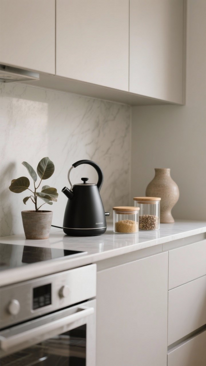 Medium shot: A sleek countertop vignette styled intentionally. Clear surfaces with appliances hidden; three-item styling: a matte-black electric kettle (functional), a small potted plant with organic leaves, and a sculptural ceramic object. Pantry staples decanted into simple glass canisters with wooden lids. Neutral greige backdrop, soft daylight, and a clean, edited feel.