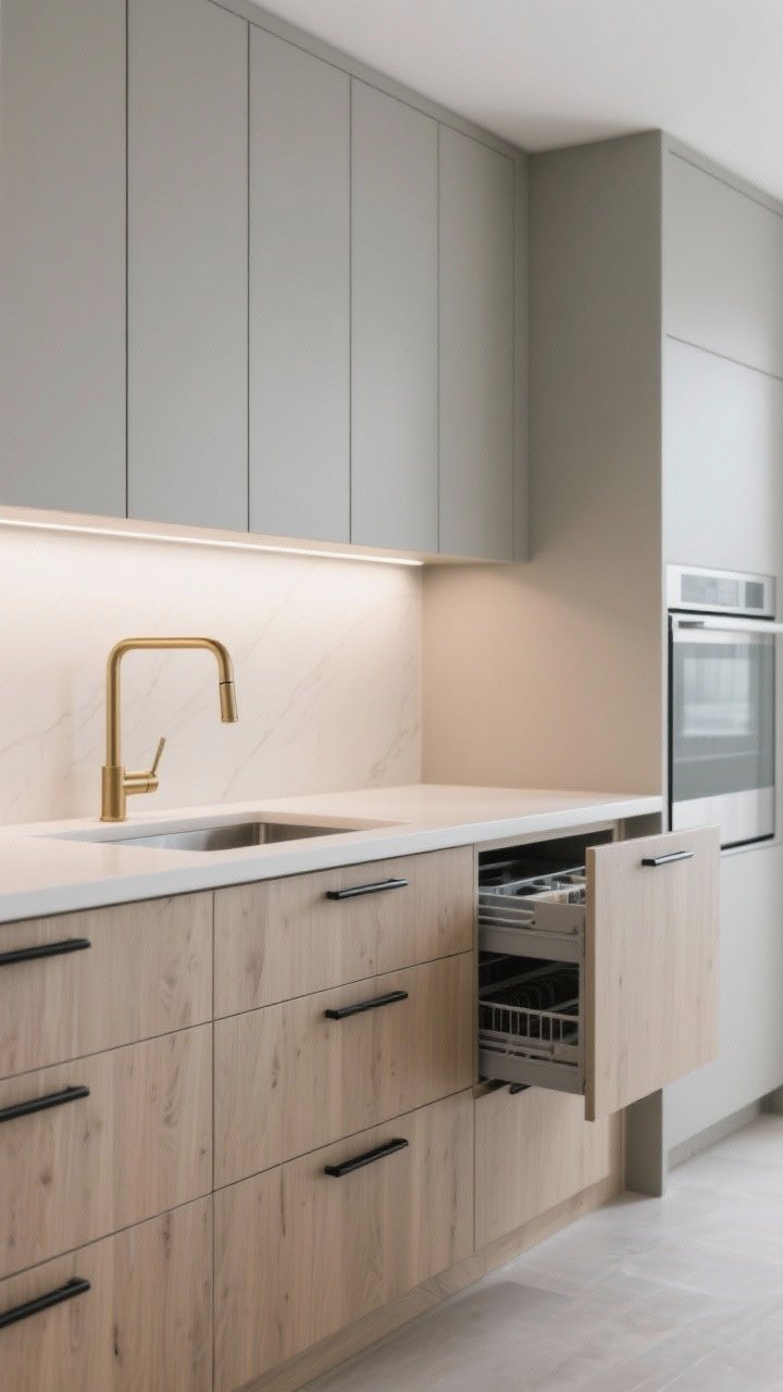 Medium shot: Cabinetry with clean lines—slab-front doors in matte greige and lightly grained wood veneer lowers. Integrated pulls and slim matte black bar handles. Hidden storage hinted by an appliance garage door slightly ajar and a pull-out organizer visible. Satin brass faucet coordinates subtly. Even, diffused task lighting for a crisp, modern vibe.