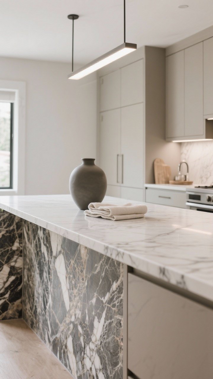 Medium shot: Countertop focus. A thin 2 cm quartz profile with minimal veining on perimeter counters, contrasted by a dramatic veined quartzite waterfall island edge. Neutral cabinetry kept simple to balance the stone’s movement. Clean styling with a single matte vase and linen towel. Bright, natural task lighting.