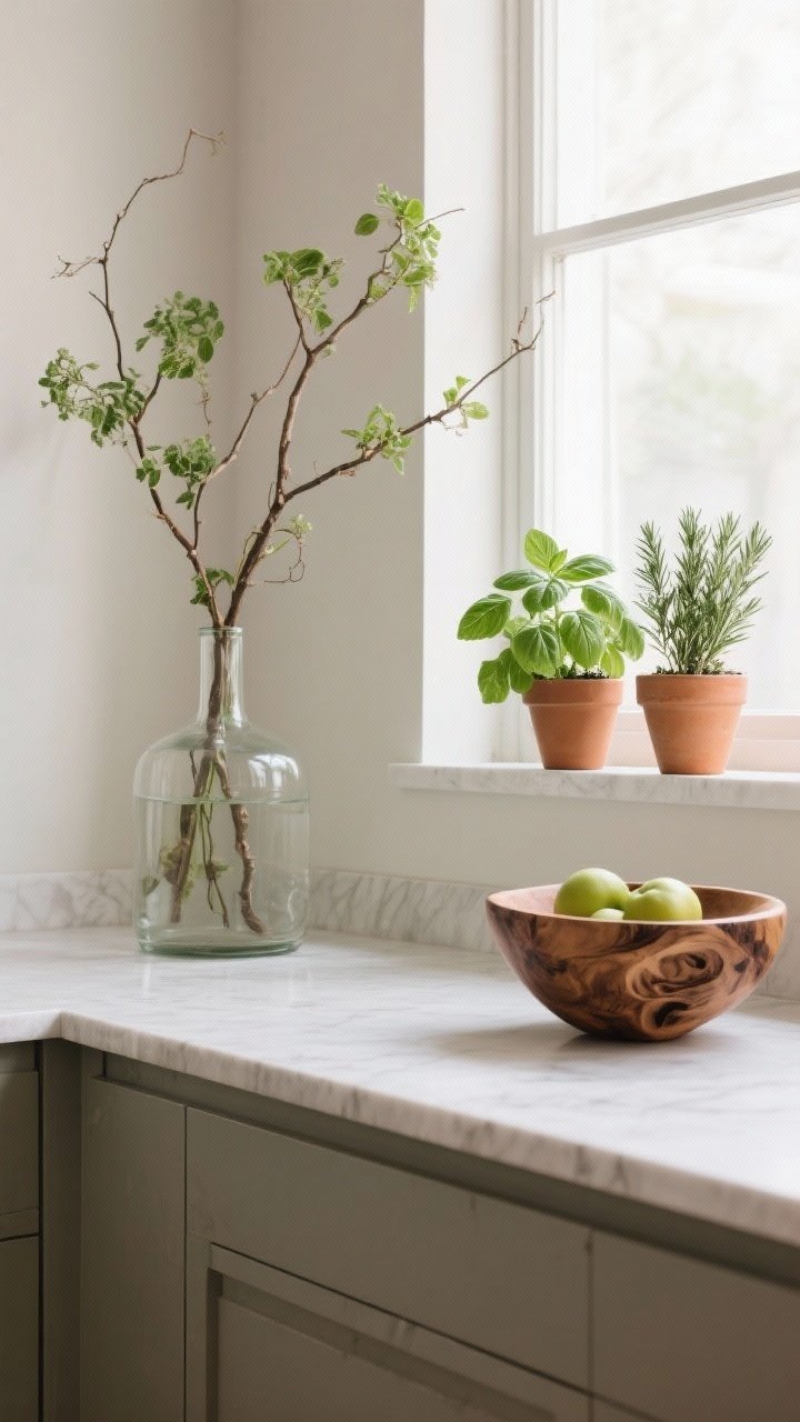 Medium shot: Greenery and organic shapes. A bright windowsill herb garden with basil, mint, and rosemary in simple terracotta pots; a tall branchy arrangement in a glass vase on the island; and an organic carved wood fruit bowl. Neutral backdrop with matte finishes; natural daylight emphasizes freshness and life.