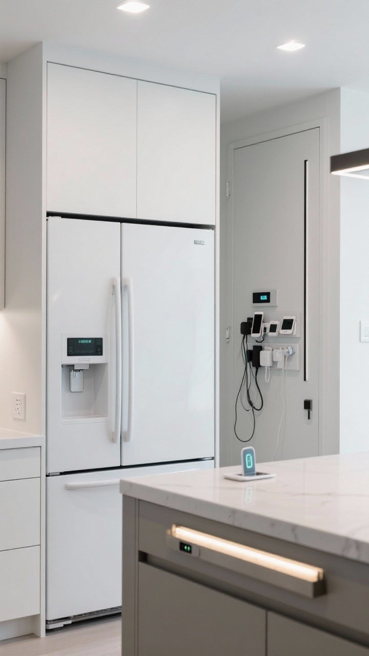 Medium shot: Hidden tech, clean look. Panel-ready fridge and dishwasher blending seamlessly with cabinetry, pop-up outlet half-raised from the island, and a discreet under-cabinet wireless charging strip glowing softly. Inside a nearby pantry door, a slim rail/command center organizes devices and cords. Minimal visual clutter, cool-white task lighting.